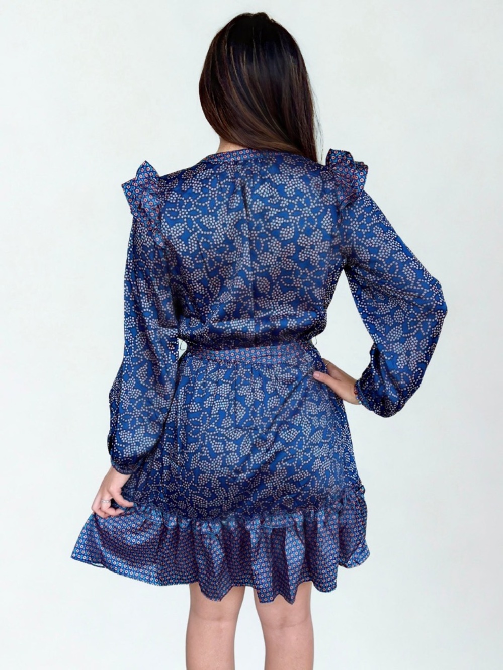 Current Air Navy Blue Printed Long Sleeve Ruffle Tie-Waist Dress- NWT - Picture 2 of 6